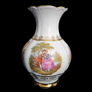 Gloria Fine Porcelain Bayreuth Courting Scene Vase Gold Trim